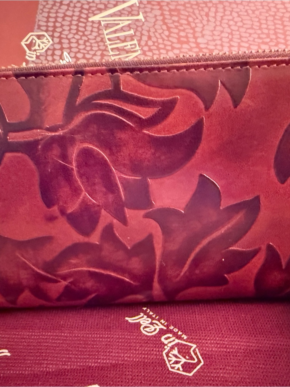Floral Embossed Leather wallet in Burgundy